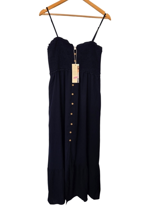 Dresses & Skirts - Navy Smocked Maxi Dress Adjustable Straps Button Front Flowy Size L NWT
